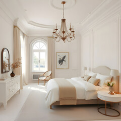Interior of a bedroom in white and creamy tones