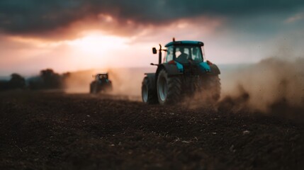Fototapeta premium Two tractors plow a dusty field at sunrise illuminated by warm dramatic golden light