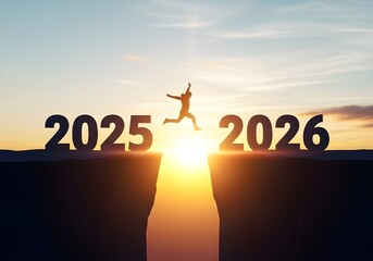 Optimistic leap Silhouette jumping from 2025 to 2026 over a sunrise, symbolizing new beginnings and future aspirations