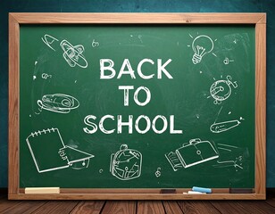A chalkboard with the words "Back to School" and doodles of school-related items