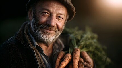 Smiling elderly farmer proudly holds a bunch of fresh carrots