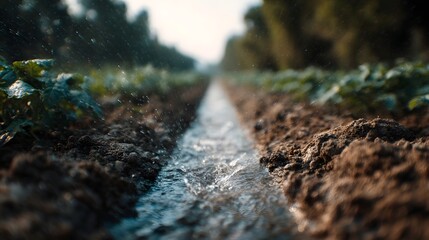 Water flows through an irrigation trench in a sunlit agricultural field with rows of healthy green crops