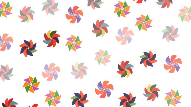 Floral pattern rainbow Pinwheels on white background, some blurry. Perfect for birthday party invitations, summer event flyers, or cheerful social media posts.