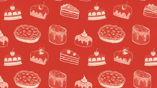 Red seamless pattern with cartoon-style illustrations of various desserts, including cakes and pie