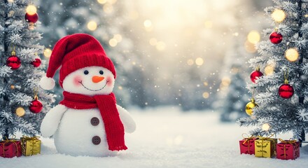 Obraz premium A cheerful snowman in a snowy forest with Christmas trees and presents, festive