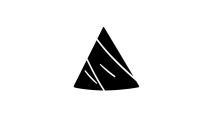 A minimalist, abstract black shape resembling a triangular prism, intersected by white lines. The backdrop is entirely white, offering high contrast