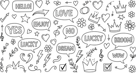 Fototapeta premium Doodle Speech Bubbles with Hearts, Flowers, Arrows, and Crowns on White Background
