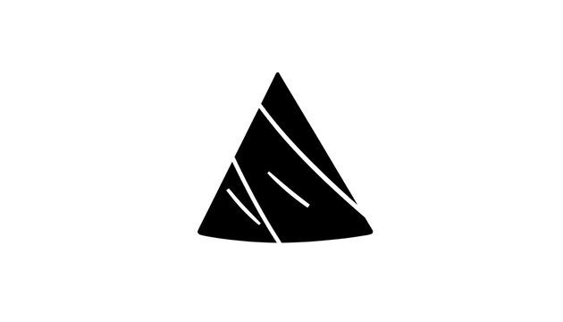 A minimalist, abstract black shape resembling a triangular prism, intersected by white lines. The backdrop is entirely white, offering high contrast