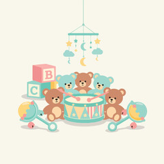Fototapeta premium Teddy Bears and Toy Drums Seamless Pattern, Pastel Nursery Vector”