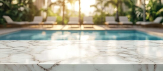 Obraz premium Marble Tabletop with Blurred Pool and Loungers