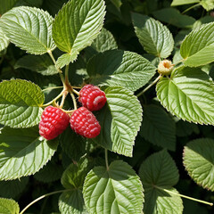 Raspberries and blackberries are among the leaves of a plant