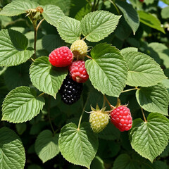 Raspberries and blackberries are among the leaves of a plant