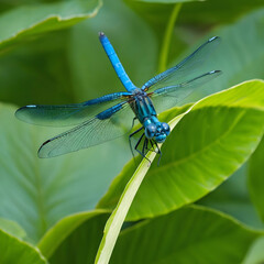 Selective focus shot of a blue dragonfly on the green leaf