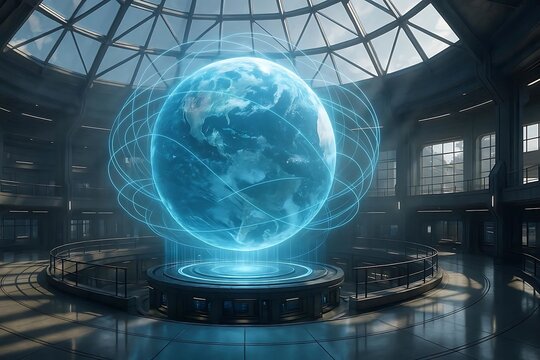 Futuristic Earth hologram spinning in a modern tech center, showcasing global connections and technological innovation for a cutting-edge business presentation or a science conference