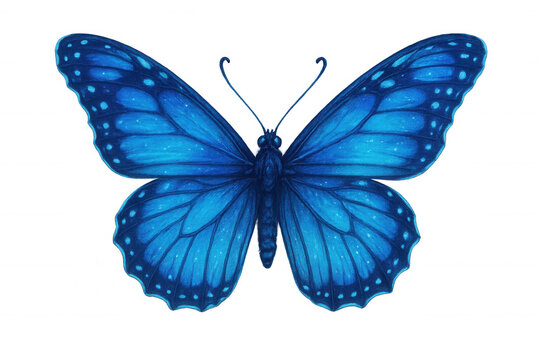 Morpho butterfly drawing with bright blue wings, iridescent patterns, delicate antennae, and transparent background