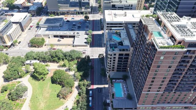 Cars, trucks and trailer movement in downtown Austin, Texas. A true representation of a typical day in the capital's urban core. Aerial drone 4k view