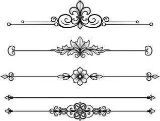 Fototapeta premium Five Decorative Floral Dividers Black Vintage Ornament on Transparent Background