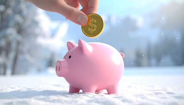 A hand deposits a gold dollar coin into a pink piggy bank, in a snowy winter scene with blurred trees & mountains