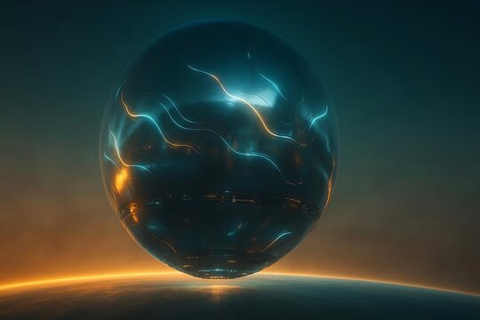 Envision a futuristic cityscape with a sleek, illuminated orb hovering above a distant horizon, radiating innovation and technological advancement, perfect for science fiction or tech concepts