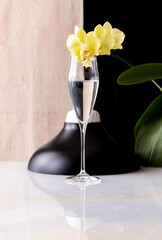 Glasses of water with a reflected yellow orchid. Beige and black background.