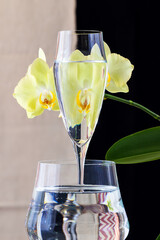 Glasses of water with a reflected yellow orchid. Beige and black background.