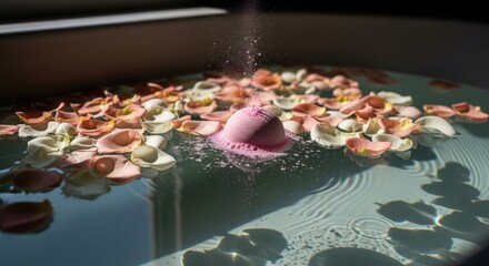 Bath with pink fizzing bath bomb and scattered rose petals, light streaming