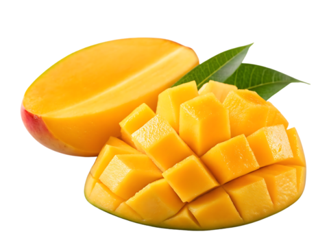 Fresh Mango Slices with Leaves on Black Background