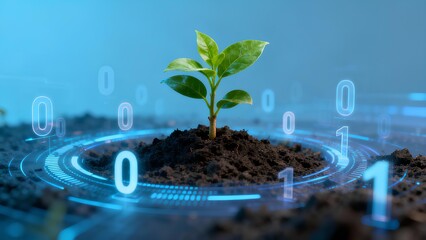 Smart greenhouse with young plant illuminated by digital data streams, symbolizing innovation, AI technology, sustainability, and eco-friendly agriculture for modern farming and future food production