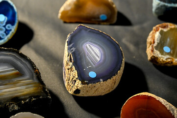 Blue agate geode. Crystals and minerals on display at the fair. Close-up of crystals. 