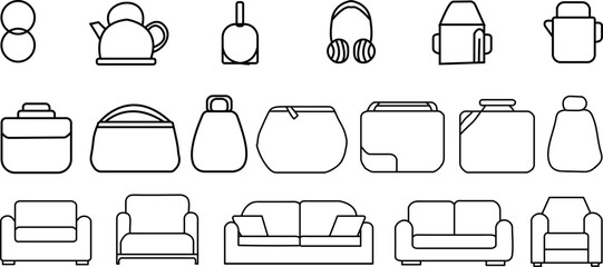 Diverse Outline Icons Collection Featuring Furniture Bags Teapots and Headphones for Design Projects