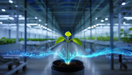 Young plant growing in a smart digital greenhouse surrounded by flowing data AI technology, symbolizing eco-friendly agriculture, sustainable cultivation, innovation, and future food science concept