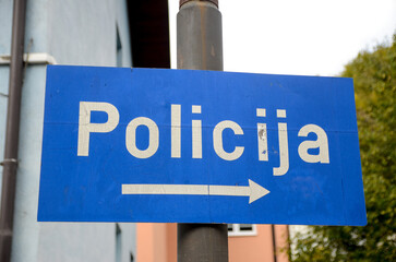 Police, sign near police station. Traffic sign with the word "police".
