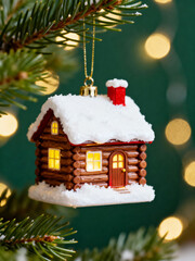 성탄절 크리스마스 트리에 매달린 집 모양 장식, 눈 쌓인 통나무 집