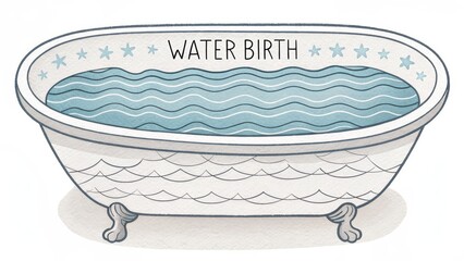 Naklejka premium Water birth tub doodle with waves and text illustration