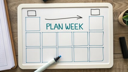 Whiteboard displaying a weekly plan with sketched squares