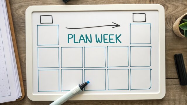 Whiteboard displaying a weekly plan with sketched squares