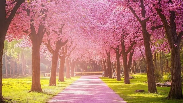 Path lined with blooming pink cherry blossom trees in soft sunlight - Powered by Adobe