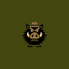 Stylized wild boar with helmet on a green background