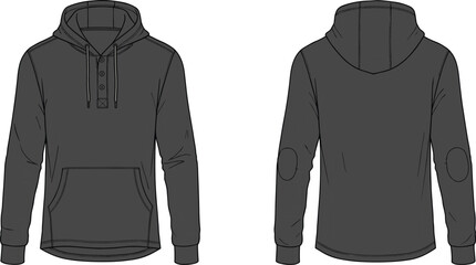 hoodie sweatshirt hood kangaroo pocket button placket elbow patch ribbed cuff hem curved apparel garment clothing fashion textile template vector  © Maisa