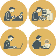 The evolution of the office worker, from typewriter to artificial intelligence, symbolizes the displacement of humans by automation and progress. A set of 4 images.