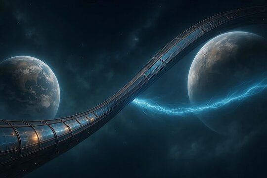 Futuristic space station bridge connecting two earth-like planets with vibrant energy streams, evoking exploration, innovation and the boundless possibilities of interstellar travel - Powered by Adobe
