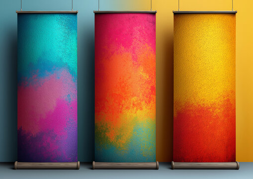 Three vibrant artistic roll-up banners showcasing dynamic gradient fades with magenta teal and yellow color transitions for modern display