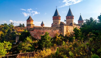 Fototapeta premium A historic castle, featuring stone walls and conical towers under a clear blue sky, nestled amidst green trees and autumnal foliage