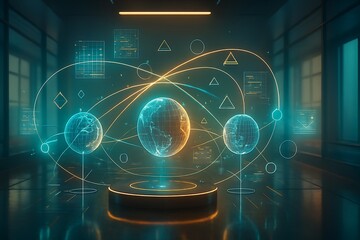 Visualize global data networks with stunning earth globes connected by dynamic lines in a sleek, futuristic setting representing innovation, connectivity, and advanced technology solutions