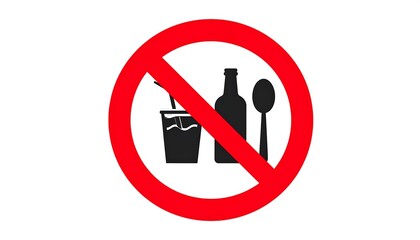 A graphic featuring a red, circular "no" symbol overlaid on black silhouette icons. These include a beverage, bottle, and a utensil