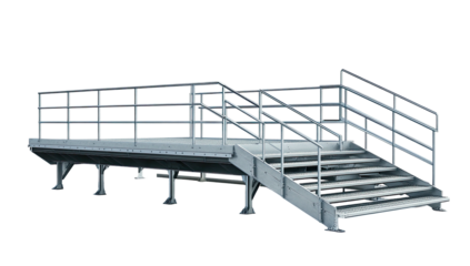 Elevated platform with stairs, metal construction, handrails, and support beams
