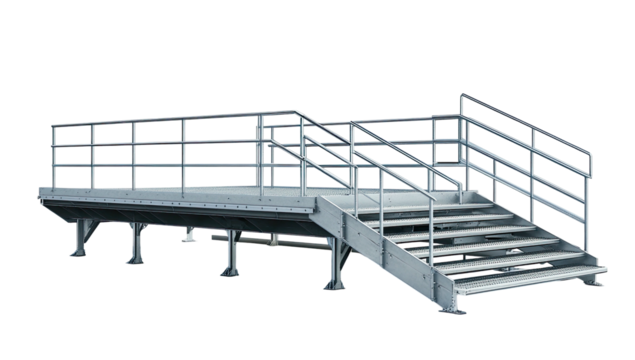 Elevated platform with stairs, metal construction, handrails, and support beams