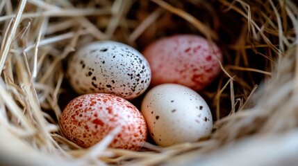 Speckled eggs nestled in straw nest. World Egg Day