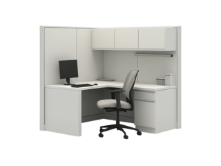 White Office Cubicle with Computer and Chair isolated on a transparent background