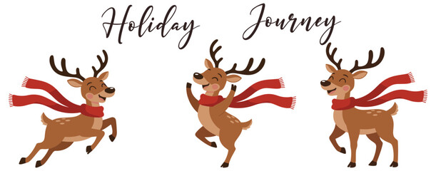 Holiday reindeer clipart set with red scarves and playful script tex